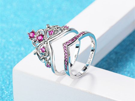 Rose Cubic Zirconia & Silver-Plated Stacked Crown Ring Set Online Sale