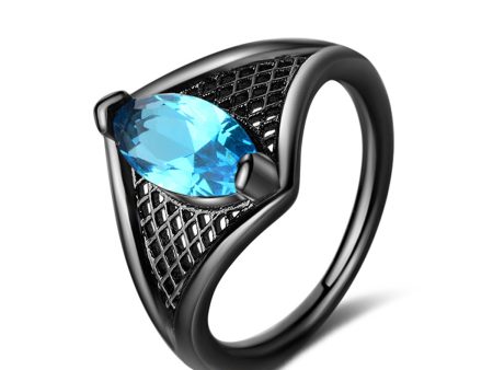 Sea Blue Crystal Black-Tone Marquise Web Ring Sale