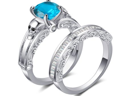 Sea Blue Crystal & Cubic Zirconia Skull Wing Ring Set Online Hot Sale