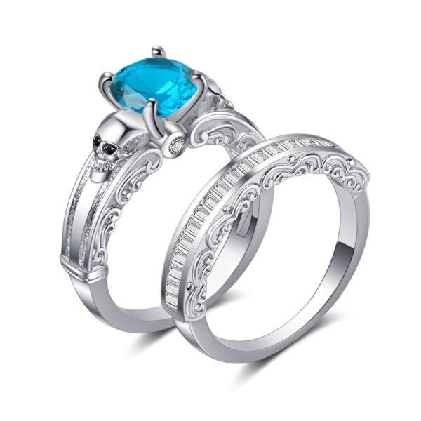 Sea Blue Crystal & Cubic Zirconia Skull Wing Ring Set Online Hot Sale