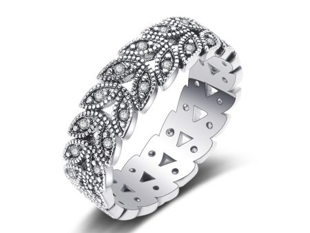 Cubic Zirconia & Silver-Plated Leaves Band Ring Online