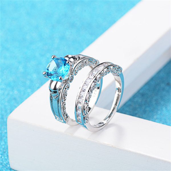 Sea Blue Crystal & Cubic Zirconia Skull Wing Ring Set Online Hot Sale