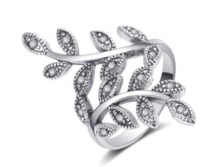 Cubic Zirconia & Silver-Plated Leaves Bypass Ring on Sale