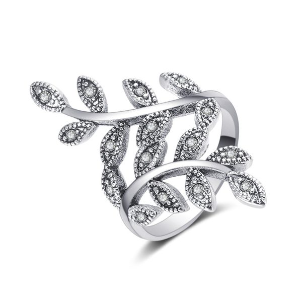 Cubic Zirconia & Silver-Plated Leaves Bypass Ring on Sale