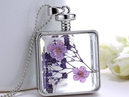 Purple & Silver-Plated Pressed Peach Blossom Square Pendant Necklace For Discount