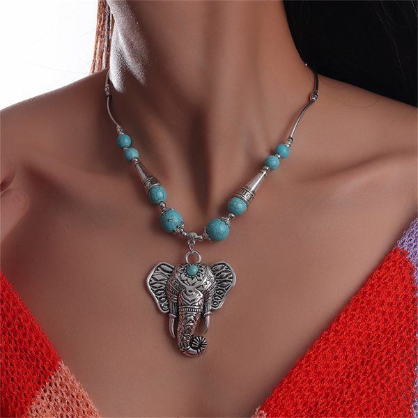 Turquoise & Silver-Plated Elephant Pendant Necklace Online