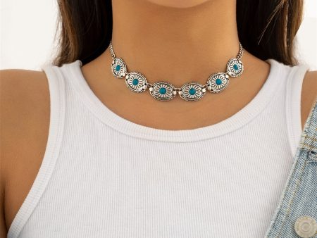 Turquoise & Silver-Plated Floral Oval Station Necklace Sale