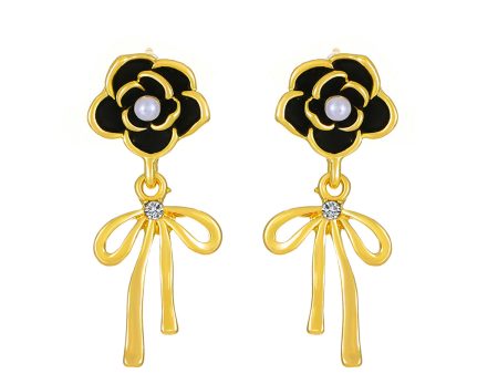 Black Enamel & Pearl Cubic Zirconia-Accent Camellia Bow Drop Earrings Discount