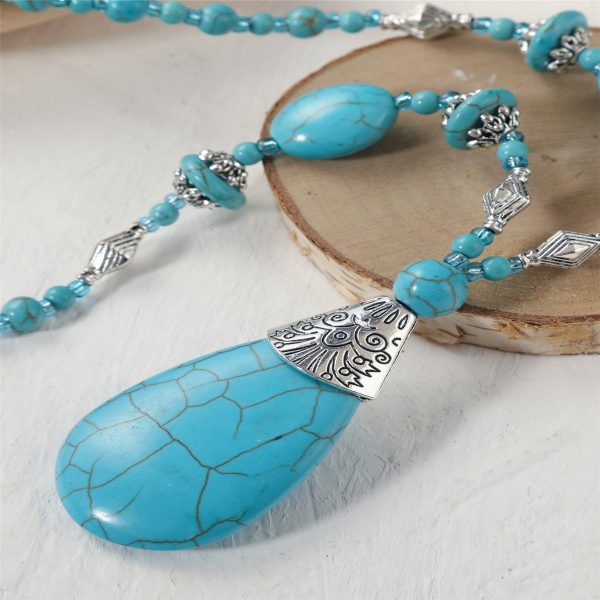 Turquoise & Silver-Plated Drop Pendant Necklace Fashion