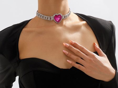 Pink Crystal & Cubic Zirconia Heart Layered Pendant Choker on Sale