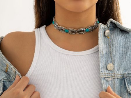 Turquoise & Silver-Plated Oval-Cut Choker Necklace on Sale