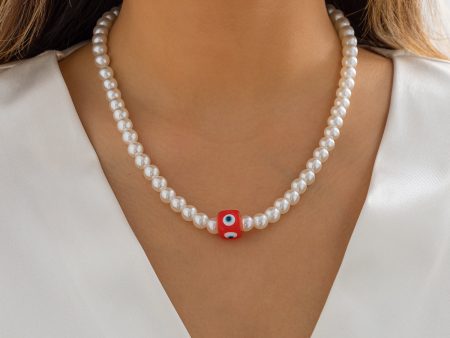 Red Acrylic & Pearl Evil Eye Cube Pendant Necklace on Sale