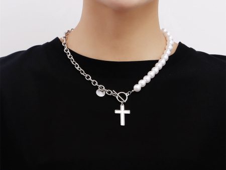 Pearl & Silver-Plated Half-Chain Cross Toggle Necklace Discount