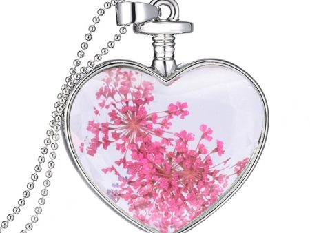 Pink Pressed Gypsophila & Silver-Plated Heart Pendant Necklace Online now