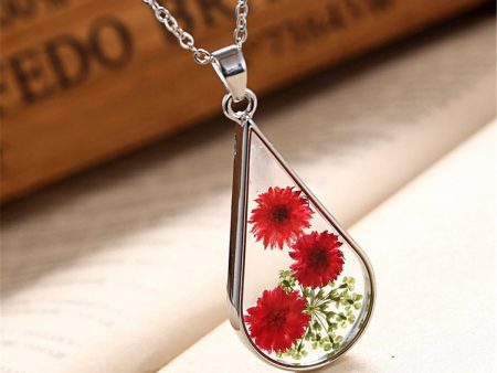 Red & Silver-Plated Pressed Flower Teardrop Pendant Necklace For Discount