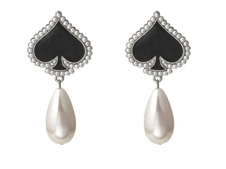 Black Enamel & Pearl Silver-Plated Spade Drop Earrings Fashion