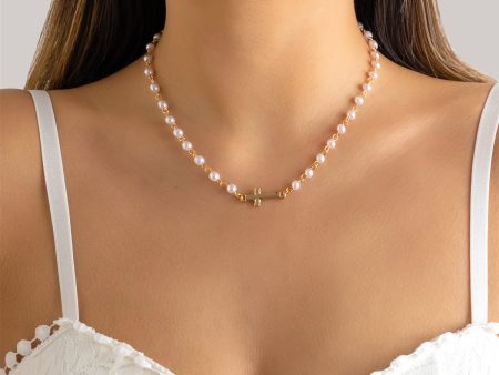 Pearl & 18K Gold-Plated Sideways Cross Pendant Necklace For Cheap