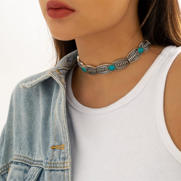 Turquoise & Silver-Plated Oval-Cut Choker Necklace on Sale