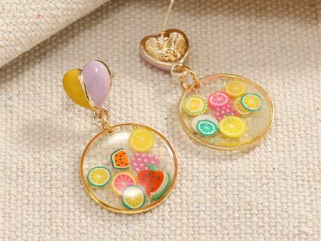 Yellow Enamel & Resin Heart Fruit Drop Earrings Fashion