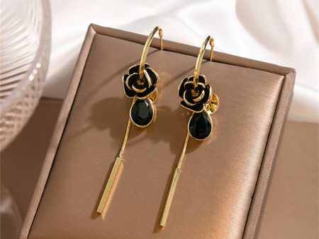 Black Crystal & Enamel 18K Gold-Plated Camellia Drop Earrings For Discount