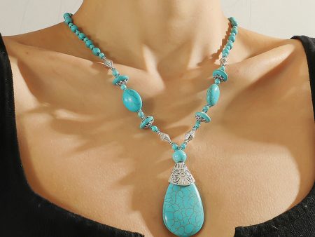 Turquoise & Silver-Plated Drop Pendant Necklace Fashion