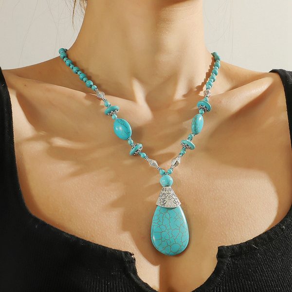 Turquoise & Silver-Plated Drop Pendant Necklace Fashion