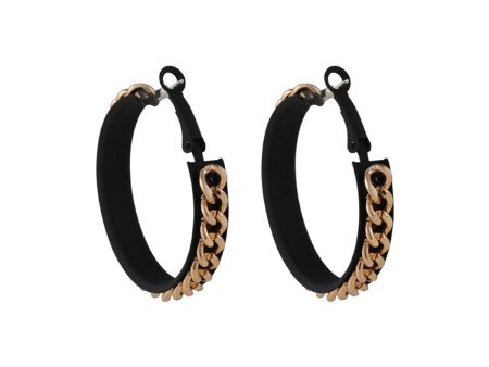 Black Enamel & 18K Gold-Plated Chain Hoop Earrings For Sale