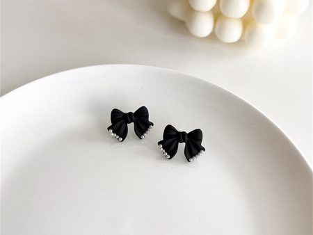 Black Enamel & Pearl Bow Stud Earrings For Sale