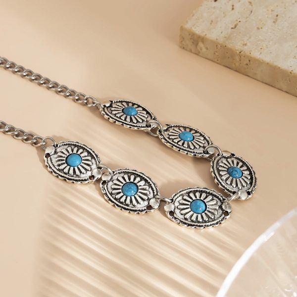 Turquoise & Silver-Plated Floral Oval Station Necklace Sale