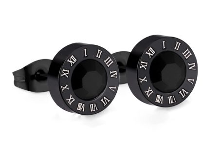 Black Cubic Zirconia & Black Round Roman Numeral Stud Earrings For Discount