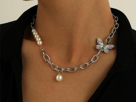 Pearl & Silver-Plated Butterfly Collar Necklace on Sale