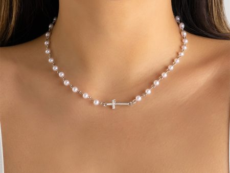 Pearl & Silver-Plated Cross Necklace For Cheap