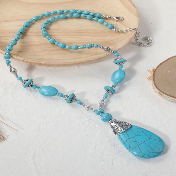 Turquoise & Silver-Plated Drop Pendant Necklace Fashion