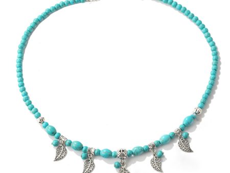 Turquoise & Silver-Plated Openwork Leaves Beaded Charm Necklace on Sale