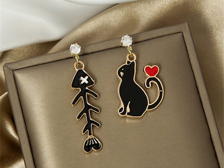 Black Enamel & Cubic Zirconia 18K Gold-Plated Cat & Fishbone Drop Earrings Discount