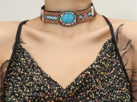 Turquoise & Cubic Zirconia Oval Flower Choker Necklace Online now