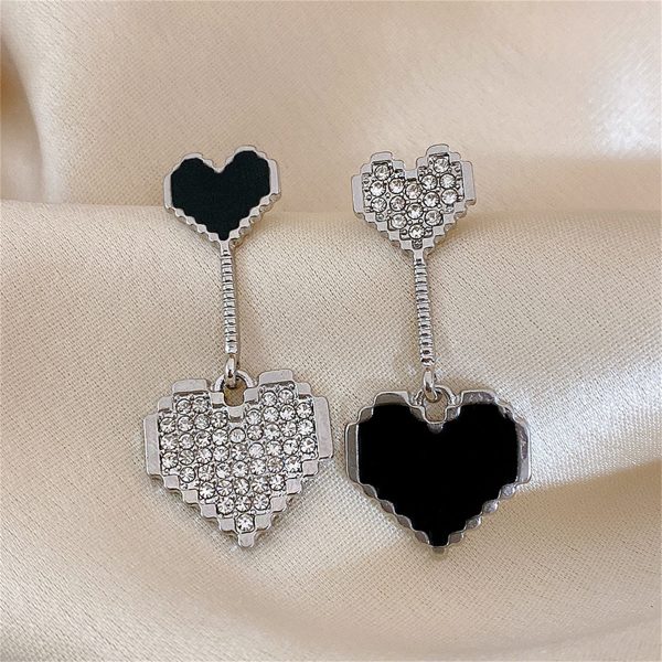 Black Enamel & Cubic Zirconia Double Heart Drop Earrings For Discount