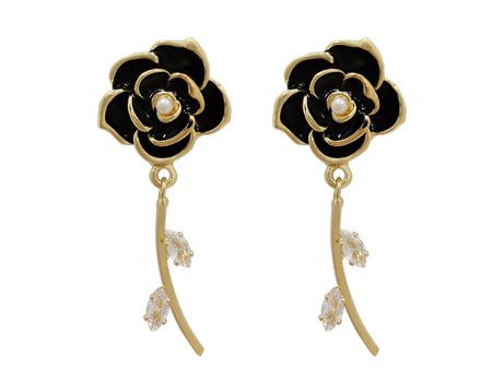 Black Enamel & Cubic Zirconia 18K Gold-Plated Floral Drop Earrings Fashion