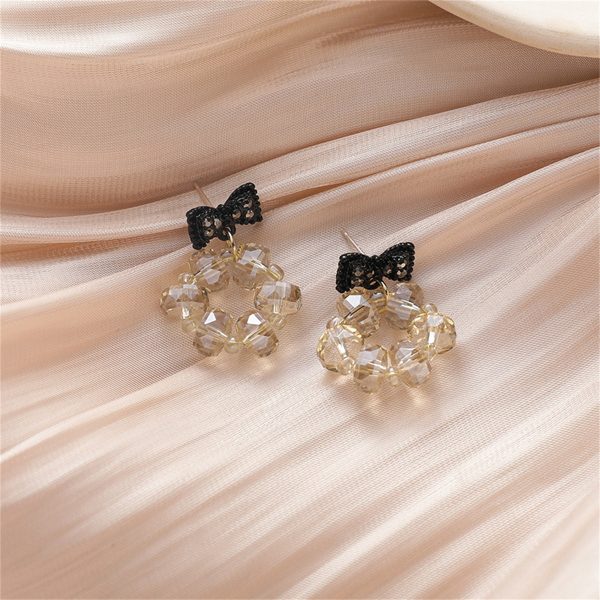 Black Cubic Zirconia & Acrylic Hoop Bow Drop Earrings Supply