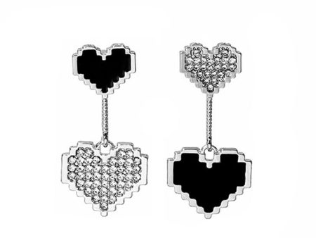 Black Enamel & Cubic Zirconia Double Heart Drop Earrings For Discount