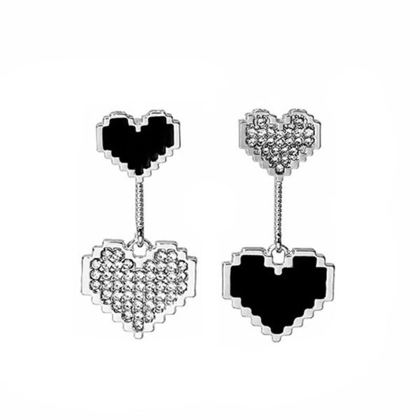 Black Enamel & Cubic Zirconia Double Heart Drop Earrings For Discount