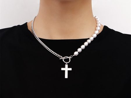 Pearl & Silver-Plated Cross Pendant Patchwork Toggle Necklace on Sale