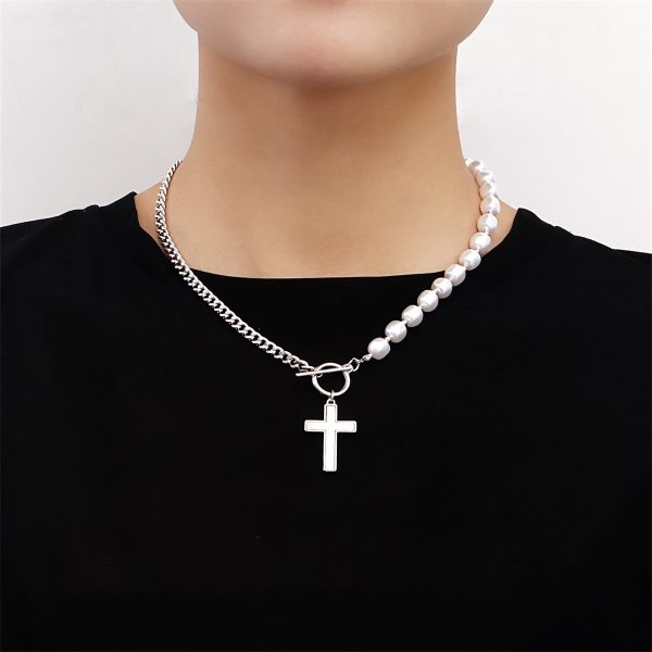 Pearl & Silver-Plated Cross Pendant Patchwork Toggle Necklace on Sale