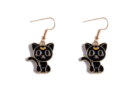 Black Enamel & 18K Gold-Plated Cat Drop Earrings For Cheap