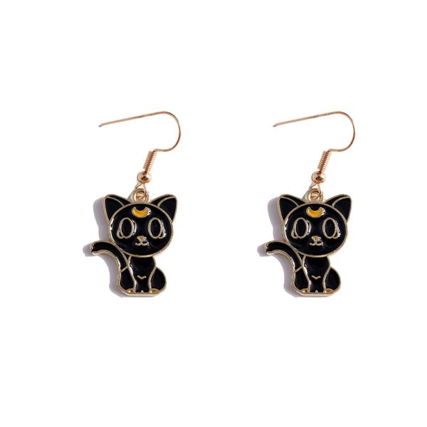 Black Enamel & 18K Gold-Plated Cat Drop Earrings For Cheap