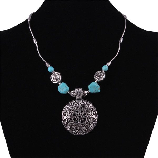 Turquoise & Silver-Plated Floral Plate Pendant Necklace Hot on Sale