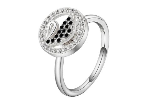 Black Cubic Zirconia & Silver-Plated Swan Rotating Adjustable Ring Discount