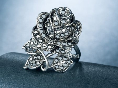 Black Cubic Zirconia & Silver-Plated Rose Ring Discount