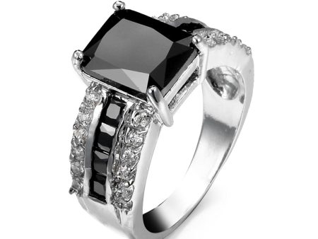 Black Crystal & Silver-Plated Rectangle Ring For Cheap