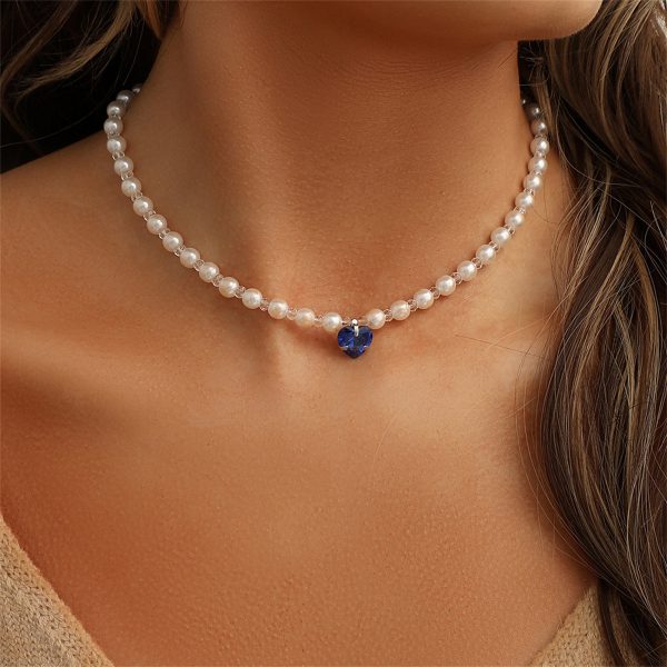 Blue Crystal & Pearl Silver-Plated Heart Pendant Necklace Online now